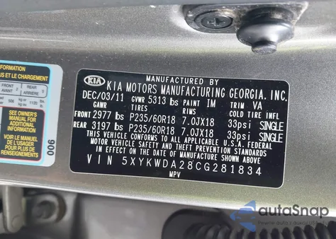 2012 Kia Sorento Sx V6 z USA, uszkodzony, nr VIN 5XYKWDA28CG281834